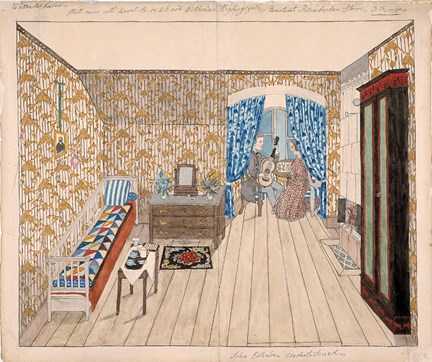 Interiör i ett hus på Katarina Högbergsgata. I en fönstersmyg sitter en man och en kvinna. Kvinnan har ett nothäfte framför sig, mannen spelar gitarr. 