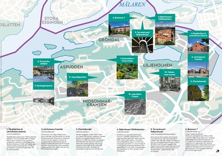 Kartbild över Liljeholmen och Hägersten med utpekade platser inklusive bilder. I nedre delen finns texter om vardera plats.