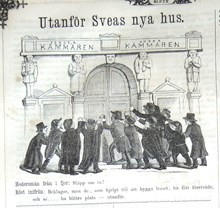 Utanför Sveas nya hus. Bildskämt i Söndags-Nisse – Illustreradt Veckoblad för Skämt, Humor och Satir, nr 33, den 12 augusti 1866
