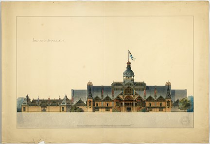 Laverad teckning av byggnad med tinnar och torn och en flaggvimpel.