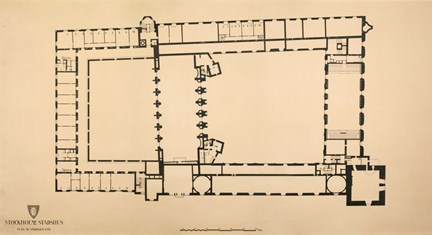 Ritning i stort format av stadshuset, plan av våningen 1 trappa, i tusch på gulnat papper
