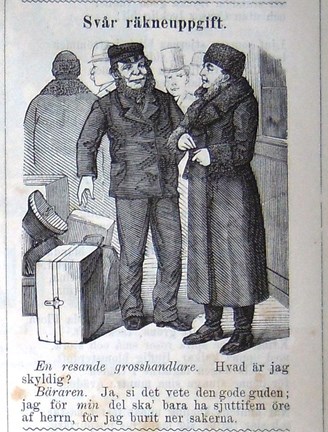 Svår räkneuppgift. Bildskämt i Söndags-Nisse – Illustreradt Veckoblad för Skämt, Humor och Satir, nr 52, den 29 december 1878