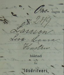 Hustru Lisa Laura Larsson, 45, häktad för lösdriveri 16 juni 1886 - förhörsprotokoll