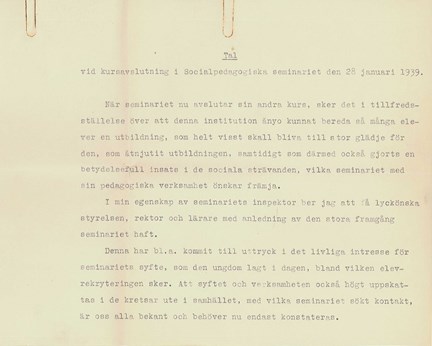 Avslutningstal vid Socialpedagogiska seminariet 1939