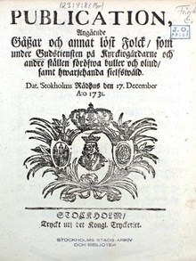 "Publication, Angående Gåszar och annat löst Folck, som som under Gudstiensten på Kyrckiogårdarne och andre ställen föröfwa buller och oliud..." 1731