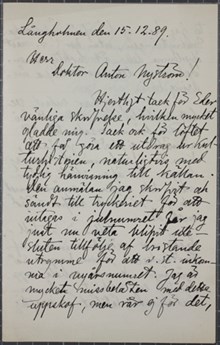 Långholmsfången Viktor Lennstrand ursäktar sig för utebliven bokrecension - brev till Dr Nyström 1889