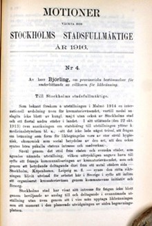 Motion om provisoriska bestämmelser för underlättande av villkoren för likbränning - Stadsfullmäktige 1916