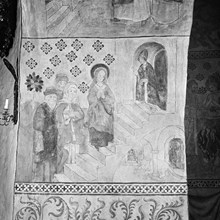 Bromma kyrka. Väggmålning från 1400-talet, Albertus Pictors skola. Marie Tempelgång. Under kyrktrappan tar en katt en mus