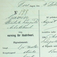 Arbetskarlen Fredrik Leopold Gavin varnad för lösdriveri 4 februari 1886 - polisförhör 