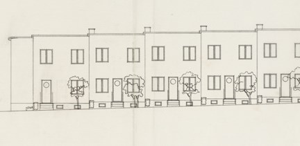 Detalj av ritningen med en radhuslänga varav Per-Albins hus ligger längst till vänster på ritningen
