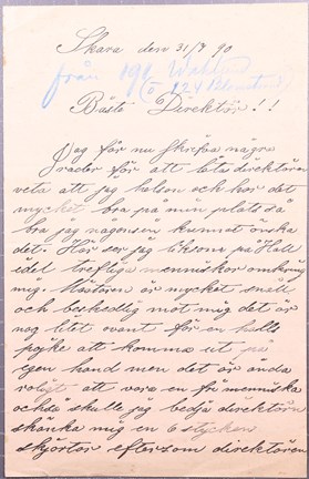 handskrivet brev från före detta elev vid Åkerbrukskolonin Hall