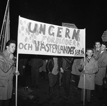Fackeltåg på årsdagen av revolutionens utbrott i Ungern. Deltagare i tåget med en banderoll