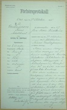 Arbetskarlen Frans Gustafsson, 39, varnad för lösdriveri 7 oktober 1885 - polisförhör