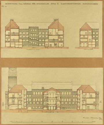 Ritning i tusch och akvarell på gulbrunt papper med olika sektioner (genomskärningar) av Rådhusförslaget från 1902