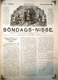 Presternas diskussion om utvidgandet af qvinnans rättigheter. Satir i Söndags-Nisse – Illustreradt Veckoblad för Skämt, Humor och Satir, nr 7, den 18 februari 1866
