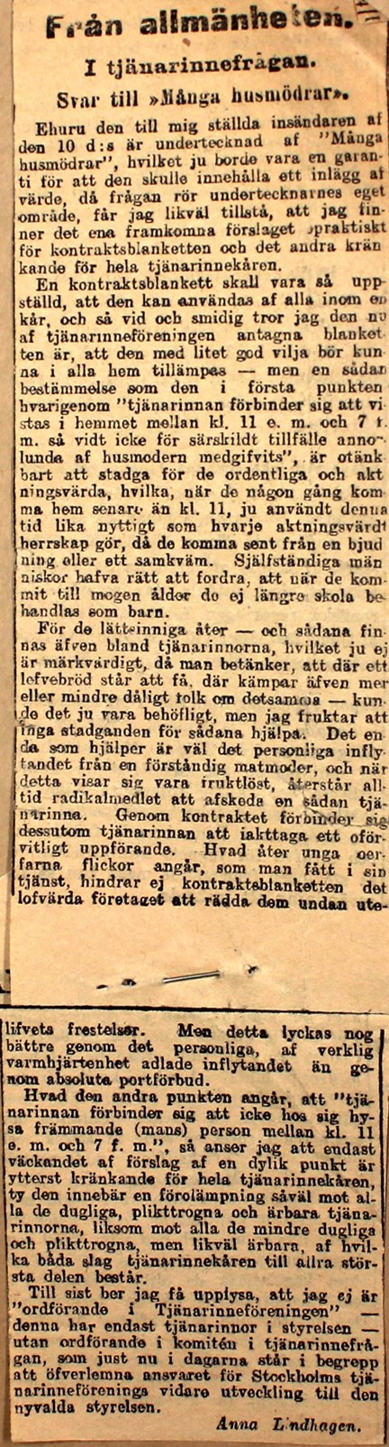 Svar från Anna Lindhagen i ”tjänarinnefrågan”