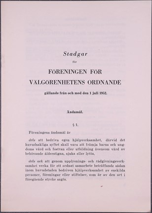 Tryckta stadgar för Föreningen för välgörenhetens ordnande (F.V.O.) 1952