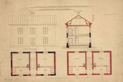 Byggnadsritning av gamla smedjan som byggdes om till arbetarbostad, Mälarvarvet.