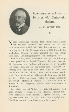 Första sidan av texten, med litet porträtt av Carl Svedelius.
