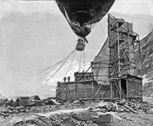 Tidningsillustration med Andrées luftballong på Spetsbergen i Norge juli 1897.