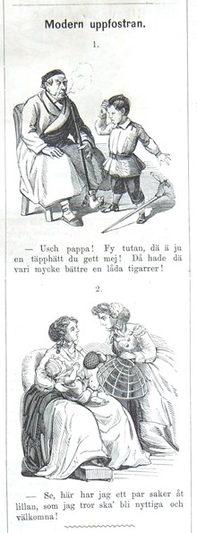 Modern uppfostran. Bildskämt i Söndags-Nisse – Illustreradt Veckoblad för Skämt, Humor och Satir, nr 6, den 10 februari 1867