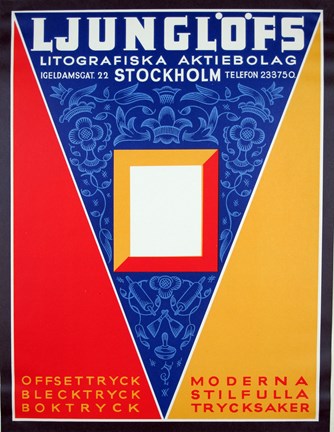 reklamtryck i gult, blått, rött och svart med text och små bilder på litografiska verktyg