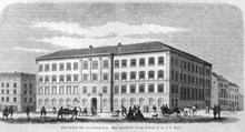 Stockholms Slöjdskola. Efter arkitektens ritning, tecknad på trä af F. Meijer. Teckning i Ny Illustrerad Tidning nr 23, den 9 juni 1866