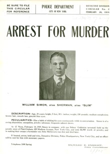 Arrest for murder. William Simon alias Sherman alias Slim