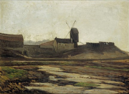 En landskapsmålning med en väderkvarn, vatten i förgrunden