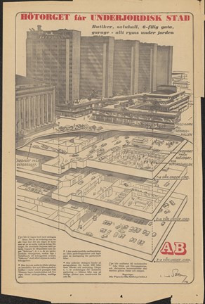 En illustrerad artikel med en genomskäring av Hötorgs-city över och under marknivån