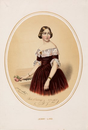 Porträtt av Jenny Lind i röd klänning med bukett i handen