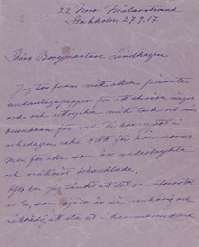 Kvinnors rösträtt - tackbrev till Carl Lindhagen från Ann Margret Holmgren 1917 