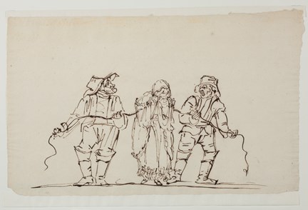 Teckning i svart och vitt. I mitten av bilden syns en kvinna i klänning med händerna för ansiktet och på vardera sida om henne står två män med snören runt kvinnans armar. Båda männen har hatt och höga stövlar, mannen till höger har ett argt ansiktsuttryck.