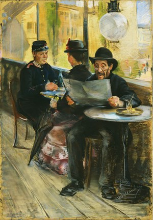Inglasad veranda med kaféstolar och bord. En man läser tidningen och en soldat och en kvinna samtalar. 