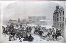 Utsigt af Gustaf Adolfs torg den 3 mars 1866. Det kungliga Slädpartiet. Litografi i Ny Illustrerad Tidning, nr 11 den 17 mars 1866