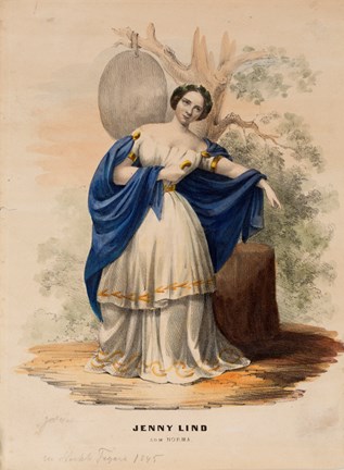 Jenny Lind i rollen som Norma iklädd vit stola med blå mantel, lagerkrans och en dolk i handen