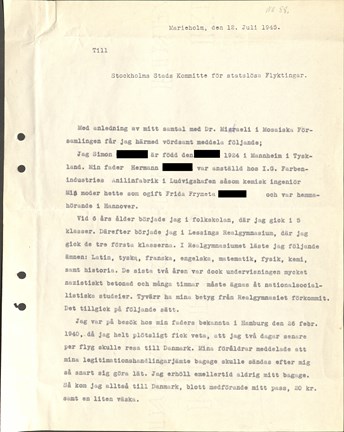 Två sidigt maskinskrivet brev daterat Marieholm 12 juli 1945
