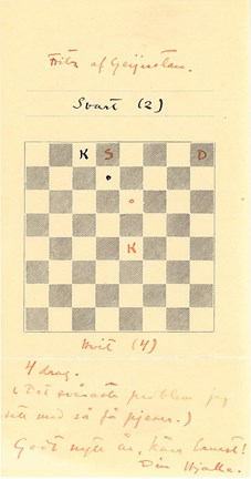 Ett brev med skiss av ett schackbräde med dragen markerade