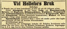 Annons för Hellefors bruk av S. Gumaeli annonsbyrå 1877