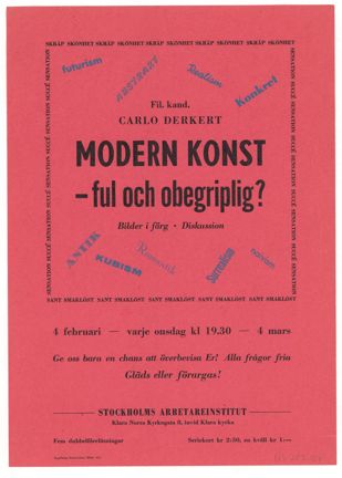Affischen är tryckt på papper och har ett stående, rektangulärt format. Texten är i svart och blått mot den röda bakgrunden. Den stora rubriken dominerar mitten av affischen. Runt den står namn på moderna konstriktningar i blå bokstäver, placerade snett och i olika riktningar. En ram av upprepad text med ord som ”skönhet” och ”skräp” omger den centrala delen.