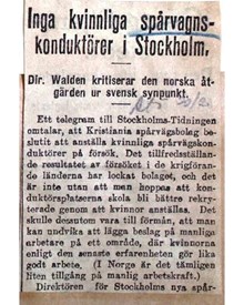 "Inga kvinnliga spårvagnskonduktörer i Stockholm" - artikel Stockholms Tidningen 1916 
