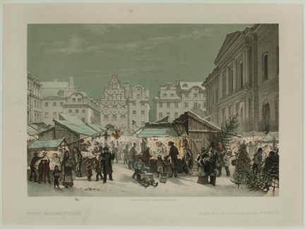 Julmarknad på Stortorget med stånd och fullt av människor