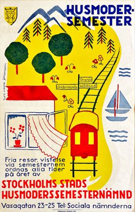 Färgglad affisch från Stockholms stads Husmodersemesternämnd med illustration av tåg, hus, segelbåtar och natur