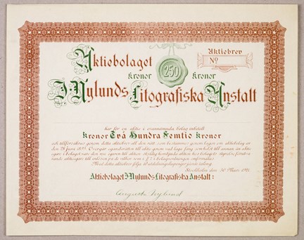 Aktiebrev tryckt på fram- och baksida i rött och grönt med dekorationer samt text.