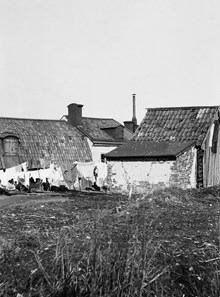 Västra Kvarngränd 14. Mellan gårdens hus hänger tvätt på tork. Kv. Van der Huff uppgick i kv. Milen 1885. Nuv. kv. Kvadraten ung. vid Allhelgonagatan (tidigare Gotlandsgatan)