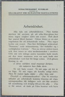 Arbetslöshet - nymalthusianskt flygblad utgivet av Sällskapet för Humanitär Barnalstring 1921