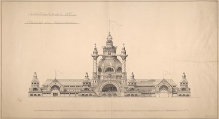 Tecknad fasadritning av industrihallen på Stockholmsutställningen 1897