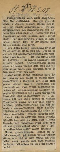 Emigration och vit slavhandel till Kanada, ur Stockholms Dagblad 1907