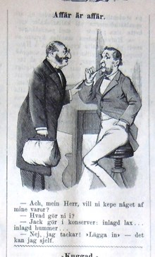 Affär är affär. Antisemitiskt bildskämt i Söndags-Nisse – Illustreradt Veckoblad för Skämt, Humor och Satir, nr 2, den 12 januari 1879