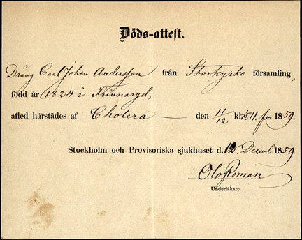 Dödsattest över Carl Johan Andersson från 1859.